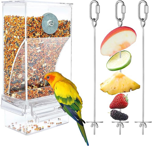 No Mess Bird Feeders and 3PCS Bird Food Holders Stainless Steel, Anti Spill Bird Feeder Parrot Automatic Feeder Hanging Fruit Vegetable Stick Skewer for Budgies Canary Cockatiel Finch