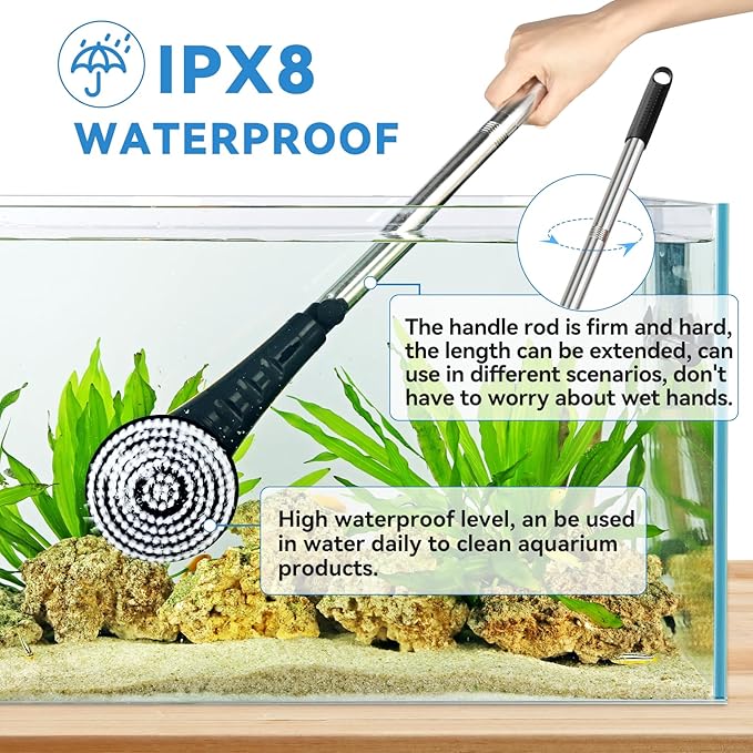 hygger IPX8 Electric Aquarium Cleaning Brushes, Rechargeable Cleaner Tools Kit with 6 Replaceable Clean Spin Brush Heads Cordless Use 2 Speeds Adjustable Handle for Dog House Outdoor/Cat Litter Boxes