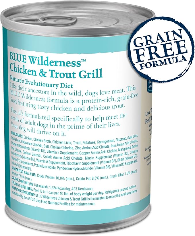 Blue Buffalo Wilderness Adult Wet Dog Food, High-Protein & Grain-Free, Made with Natural Ingredients, Chicken & Trout Grill, 12.5-oz. Cans, 12 Count