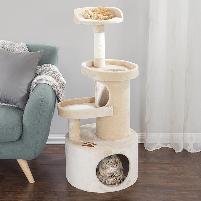 PETMAKER Cat Tree Condo with Tunnel 4 Tier with Scratching Post, 43", Tan