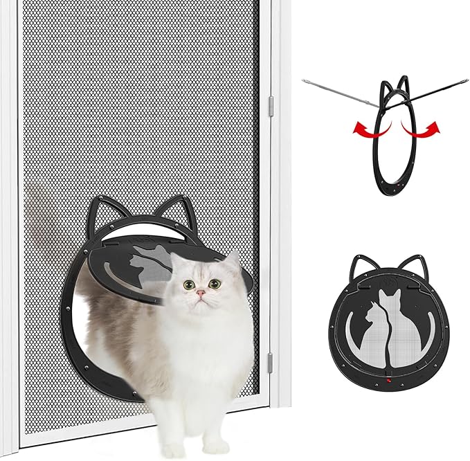 Cat Door for Screen Door, Inside Openning 10x10x0.5 inch, Patent Desigh Pet Screen Door with Lockable Magnetic Flap for Doggy and Cat Door, Suitable 0-32lb Cats and Small Dogs, Black
