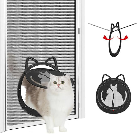 Cat Door for Screen Door, Inside Openning 10x10x0.5 inch, Patent Desigh Pet Screen Door with Lockable Magnetic Flap for Doggy and Cat Door, Suitable 0-32lb Cats and Small Dogs, Black
