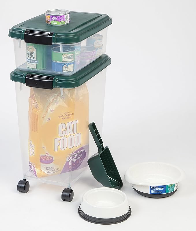 IRIS USA 30 lbs & 11 lbs Combo Airtight Dog Food Storage Container, Stackable Treat Box, 2-Cup Scoop, Wheels, Keep Fresh, Easy Mobility, Green