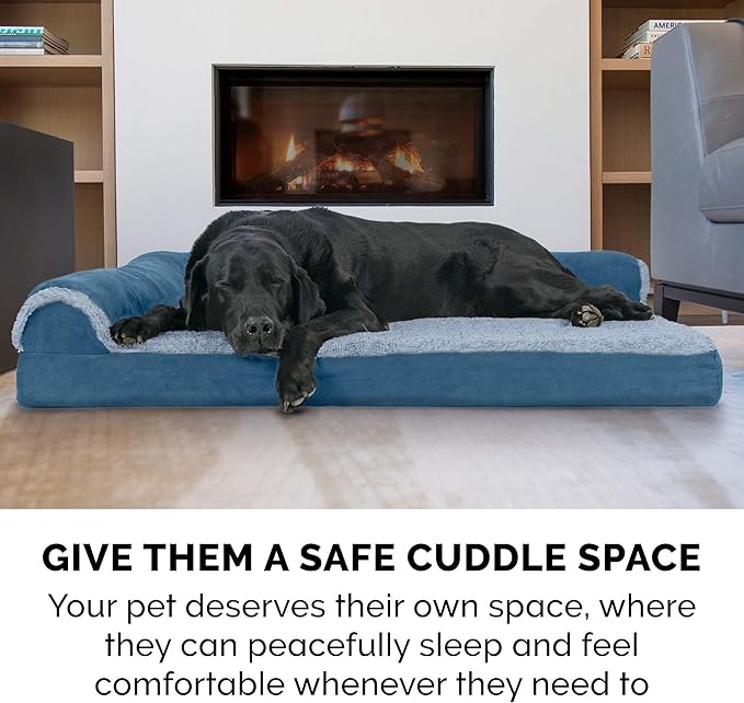 Furhaven Memory Foam Dog Bed for Large Dogs w/ Removable Bolsters & Washable Cover, For Dogs Up to 95 lbs - Two-Tone Plush Faux Fur & Suede L Shaped Chaise - Marine Blue, Jumbo/XL
