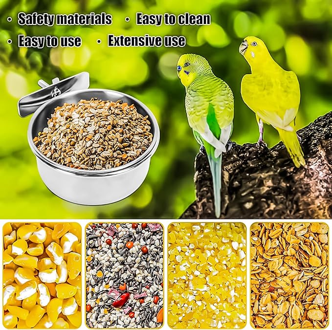 MotBach 2 Pack Stainless Steel Bird Feeding Dish Cups, Bird Feeder Parrot Food Water Bowls with Clamp, Pet Cage Cups Holder for Bird Parrot Cockatiel Conure Budgies Parakeet Small Animal