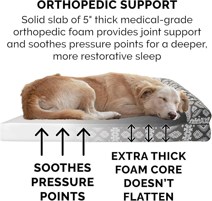 Furhaven Orthopedic Dog Bed for Large Dogs w/ Removable Bolsters & Washable Cover, For Dogs Up to 125 lbs - Plush & Southwest Kilim Woven Decor Sofa - Black Medallion, Jumbo Plus/XXL