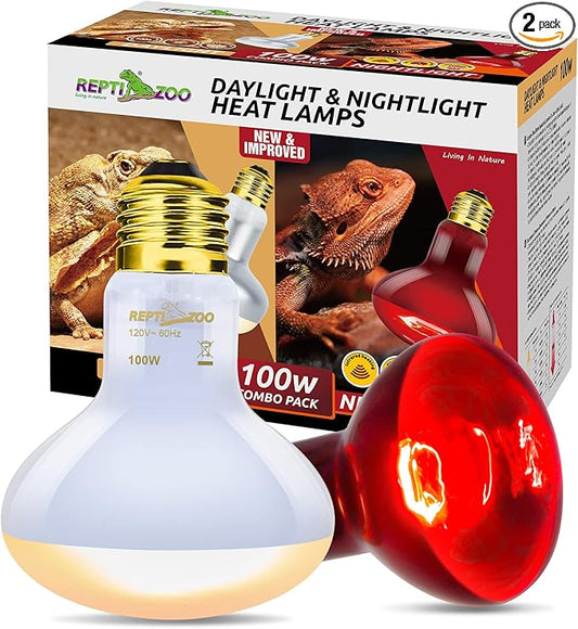 REPTI ZOO 100W Reptile Heat Lamp Bulbs Combo, Upgraded 2 Pack Day & Night Basking Spot Light, UVA Daylight Heating Lamp & Infrared Heat Lamp for Reptiles & Amphibians