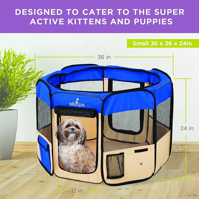 Zampa Puppy Playpen Small 36"x36"x24" Portable Pop Up Playpen for Dog and Cat, Foldable | Indoor/Outdoor Kitten Pen & Travel Pet Carrier + Carrying Case.