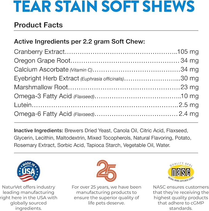 NaturVet Lutein Tear Stain Supplements for Dogs & Cats – Prevents Tear Stains for Dog, Cat Breeds – Includes Oregon Grape Root, Marshmallow Root, Cranberry Extract – 120 Ct.