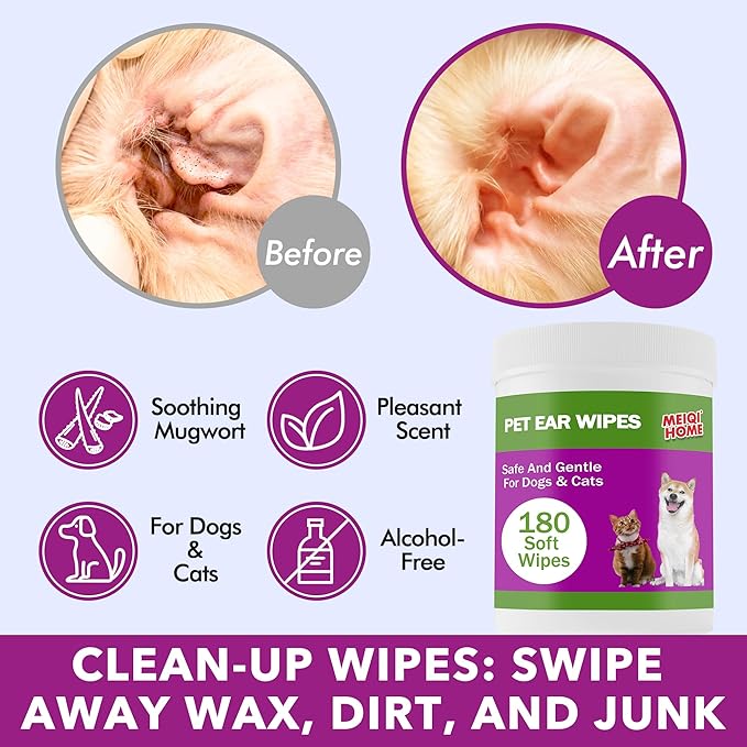 180 Count Dog Ear Cleaner Wipes , Dog Ear Wipes , Gently Remove Ear Wax, Debris - Soothes & Relieves Ear Itching, Fresh Mugwort Scent, All Natural Ingredients，Safe & Gentle Ear Wipes for Dogs & Cats