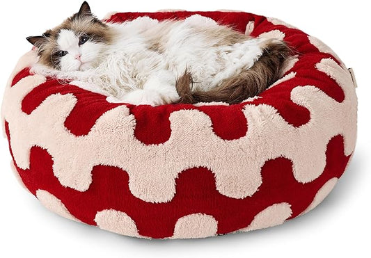 Lesure Donut Small Dog Bed - Round Cat Beds for Indoor Cats Anti-Anxiety Calming Pet Beds, Washable Cute Modern Beds with Teddy Sherpa Plush & Anti Slip Bottom Red