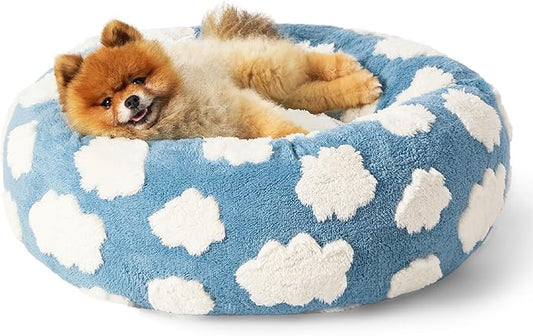 Lesure Donut Small Dog Bed - Round Cat Beds for Indoor Cats Calming Pet Beds, Cute Modern Beds with Jacquard Shaggy Plush & Anti Slip Bottom, 23 Inch, Blue