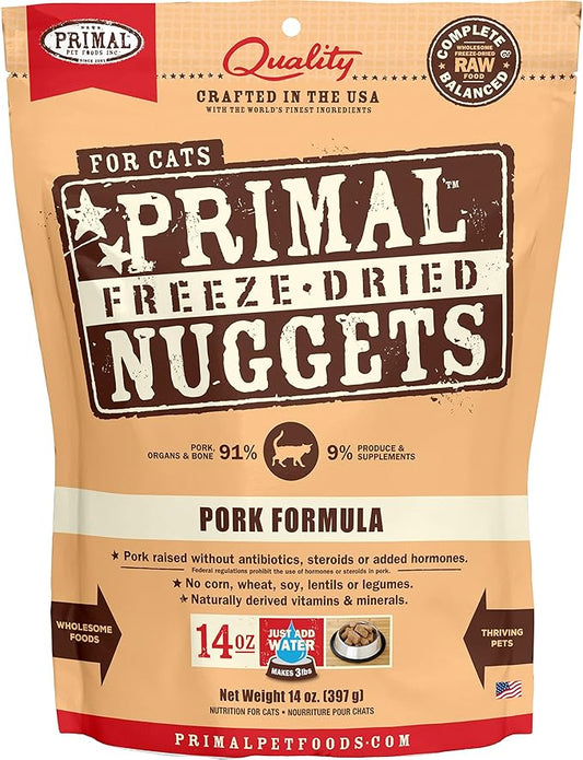 Primal Freeze Dried Cat Food Nuggets Pork; Complete & Balanced Meal or Topper; Premium, Healthy, Grain Free, High Protein Raw Cat Food with Probiotics (14 oz)