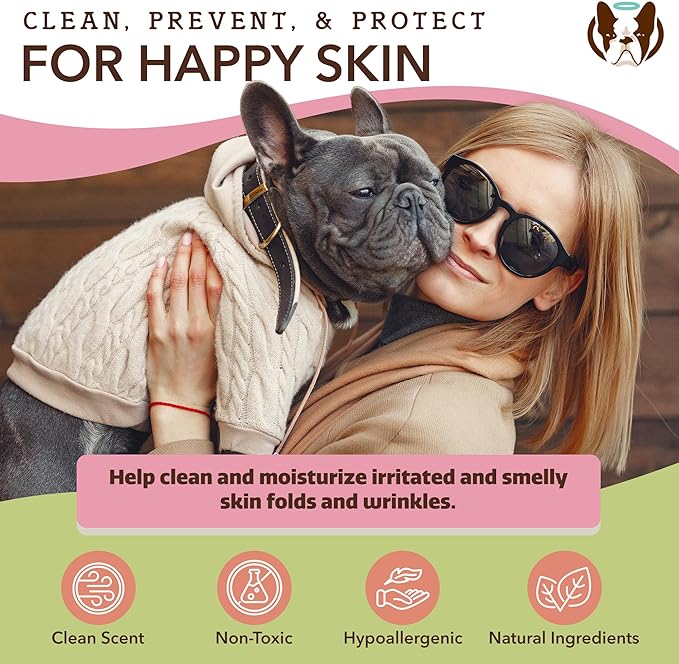 Natural Dog Company Wrinkle Wipes for Dogs, 50 Count, Hypoallergenic Dog Wipes, Wrinkle Wipes French Bulldog, Cleaning & Deodorizing, Dog Wipes for Grooming Faces, Paws & Butts