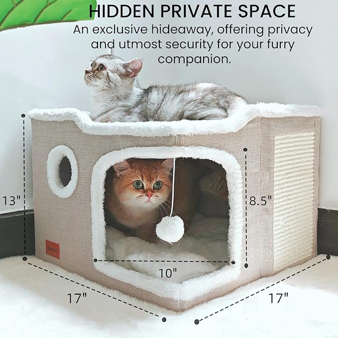 Large Cat Cave Bed for Indoor Cats, Cats Cube House with Scratch Pad Cat Condo Hideaway Tente Hut with Washable Sherpa Warm Soft Cat Mat, Cute Cat Beds Furniture, Modern Dog Bed,Beige