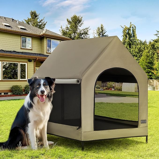 Petsfit 36 Inch Elevated Pet Dog House, Portable Large Dog House with Removable Cover for Indoor and Outdoor, Waterproof Raised Dog Houses for Large Dogs Outside, Featuring Elevated Dog Bed, Brown