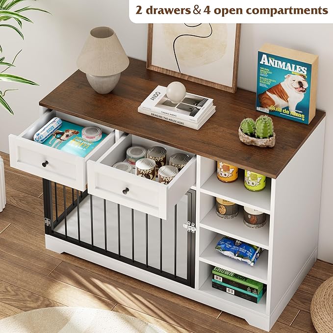 IDEALHOUSE Large Dog Crate Furniture, 47” Dog Crate with 2 Drawers and 4 Shelves, Heavy Duty Wooden Dog Crate, Decorative Dog Indoor Kennel Furniture Indoor with Storage, White