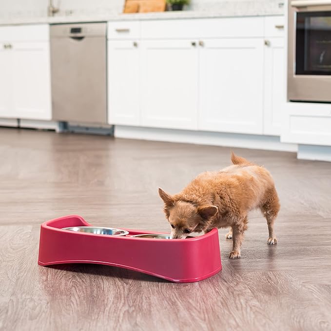 IRIS USA Elevated Dog Bowls, Adjustable Height, 2 Thick 64 oz Stainless Steel Bowls, Spill-Proof with Raised Outer Rim, Durable Made in USA Plastic, Easy Assemble, 2 Heights 4.63" or 12.25" Red