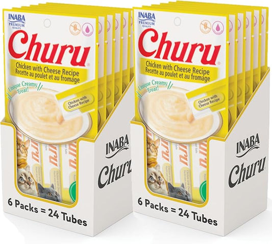 INABA Churu Cat Treats, Grain-Free, Lickable, Squeezable Creamy Purée Cat Treat/Topper with Vitamin E & Taurine, 0.5 Ounces Each Tube, 48 Tubes (4 per Pack), Chicken with Cheese Recipe