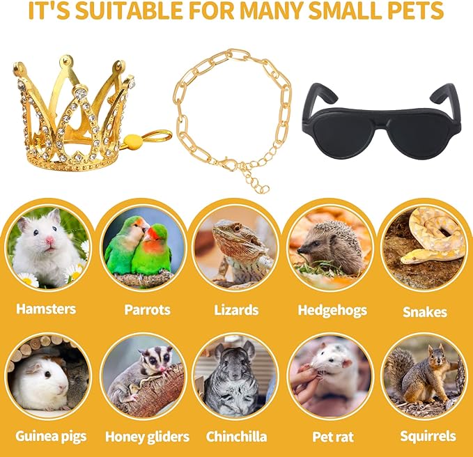 Bearded Dragon Accessories Set Including Crown Necklace Sunglasses with Adjustable Elastic Chin Strap Reptile Clothes Lizards Gecko Chameleon Iguana Frogs for Photo Props Birthday Gift