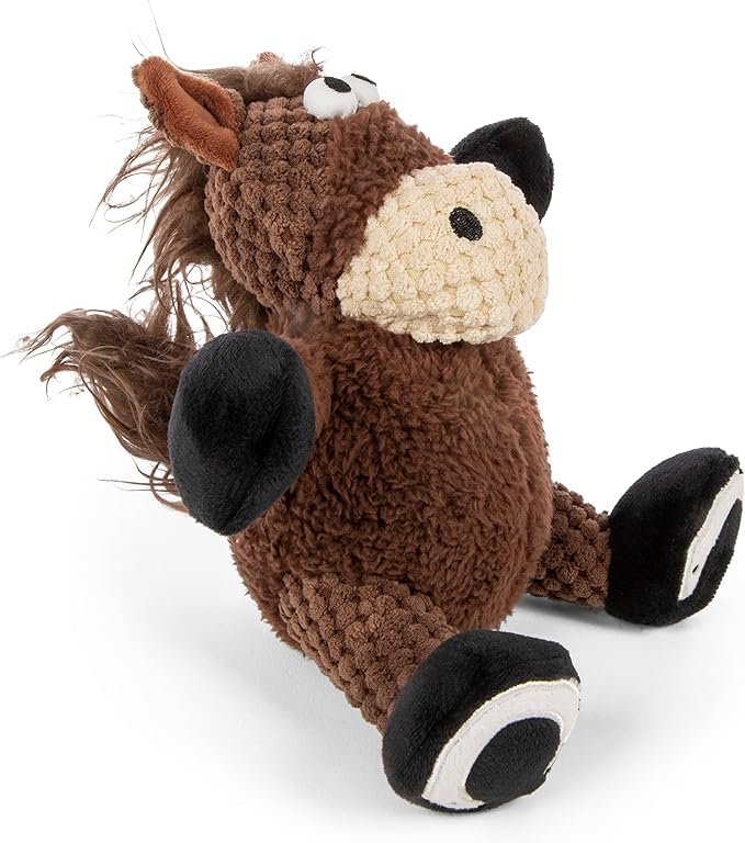 goDog Checkers Sitting Horse Squeaky Plush Dog Toy, Chew Guard Technology - Brown, Small