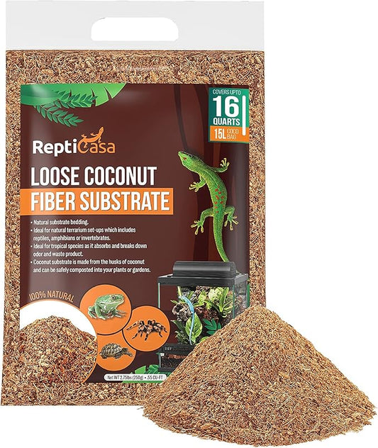 Loose Coconut Substrate Husk Fibers, 16 Quarts Bag, Clean Natural Terrarium Bedding for Reptiles, Amphibians, or Invertebrates, Waste, Liquid and Odor Absorbent