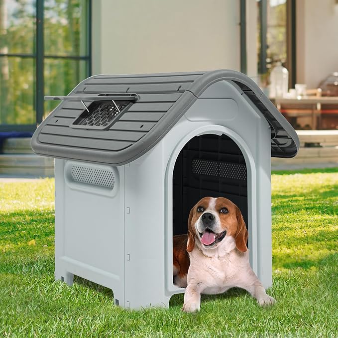 YITAHOME 30'' Large Dog House Outdoor Plastic Doghouse Water Resistant Pet House with Adjustable Skylight and Elevated Base for Small Dogs (30''L*23.3''W*26''H)