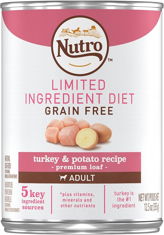 NUTRO Limited Ingredient Diet Adult Canned Soft Wet Dog Food Premium Loaf Turkey & Potato Recipe, 12.5 oz. Cans, Pack of 12