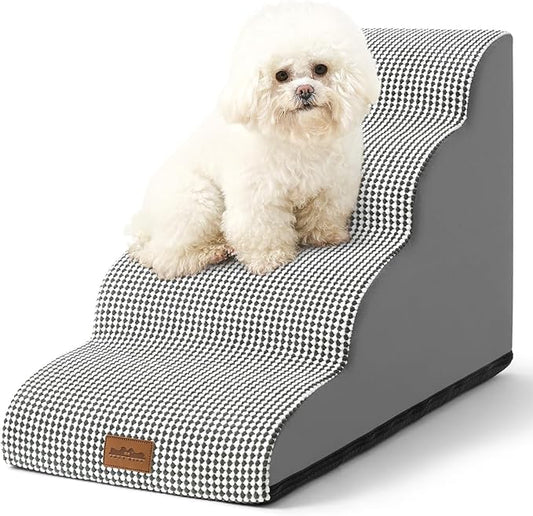 Dog Stairs for Medium Bed 20" H, Small Dogs Ramp with Leakproof Cover, Foam Pet Steps for Cat, Couch, Sofa, Lightweight, Non-Slip, Durable, Comfort, 15.7x28.3x19.7in, White-Black, 4 Tiers