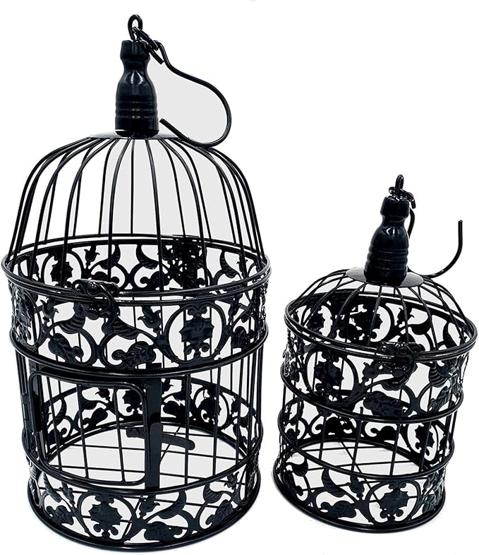 PET SHOW Pack of 2 Round Birdcages Decor Metal Wall Hanging Bird Cage for Small Birds Wedding Party Indoor Outdoor Decoration 9.8INCH and 13.8INCH Color Black White (Black)