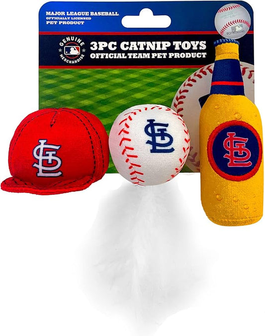 BEST PLUSH CAT TOY MLB ST LOUIS CARDINALS Complete Set of 3 piece Cat Toys filled with Fresh Catnip. Incl: 1 Baseball Cap Cat Toy, 1 Baseball Cat Toy with Feathers & 1 Beer Bottle. Beautiful Team LOGO