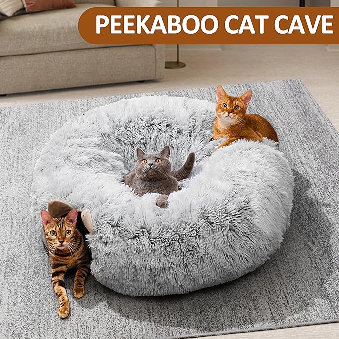 Cat Tunnel with Cat Bed for Indoor Cats, Soft Plush Peekaboo Cat Cave Donut Tunnel, Multifunctional Cat Playground Toys Hideplace for Small Medium Large Cats, Kittens, Rabbit, Ferret (Grey)