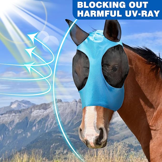 Masks for Horses, Safe and Breathable Horse Fly Masks with Ears, Shade and Cooling to Protect The Horse's face from Disturbance, Blue L