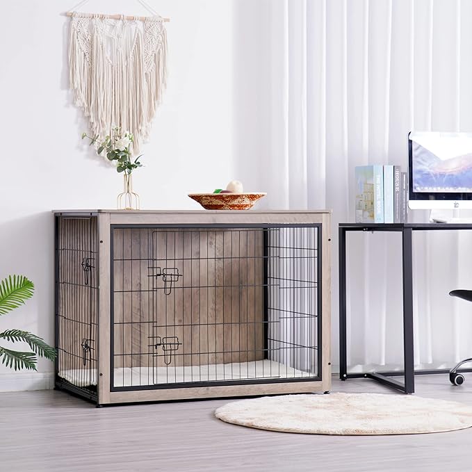 DWANTON Dog Crate Furniture with Cushion, XL Wooden Dog Crate with Double Doors, Large Dog Crate Furniture, Dog Kennel Indoor, Dog House, Extra Large, 43.3" L, Greige