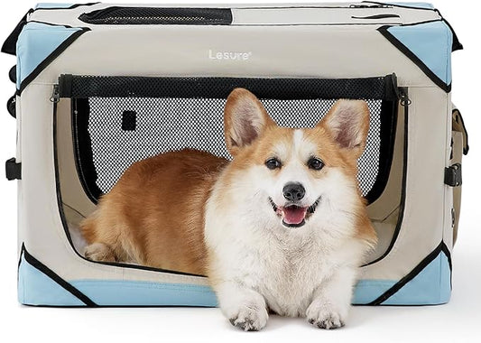 Lesure Collapsible Dog Crate - Portable Dog Travel Crate Kennel for Small Dog, 4-Door Pet Crate with Durable Mesh Windows, Indoor & Outdoor (Beige)