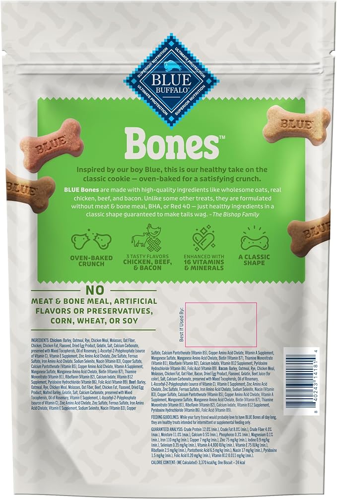 Blue Buffalo Bones Small Natural Dog Treats, Crunchy Dog Biscuits, Assorted Flavors - Beef, Chicken, Bacon Flavors, 16-oz. Bag (4 Pack)