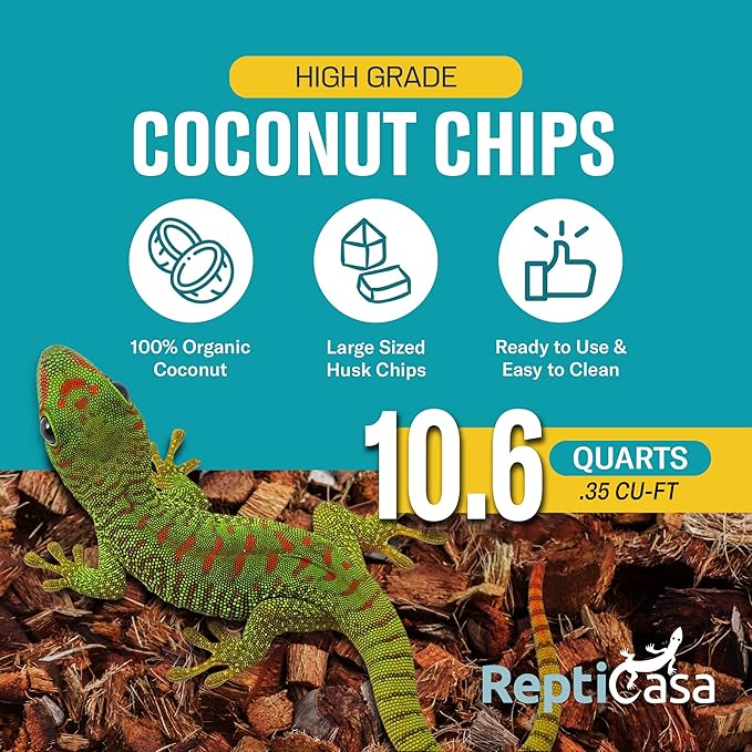 Organic Coconut Chips Substrate Clean & Ready to Use for Reptiles, Snake, Tortoise, and Amphibian, Natural Fiber Free Husks, Clean Breeding and Bedding Flooring, Odor Absorbing - 10.6 Quarts