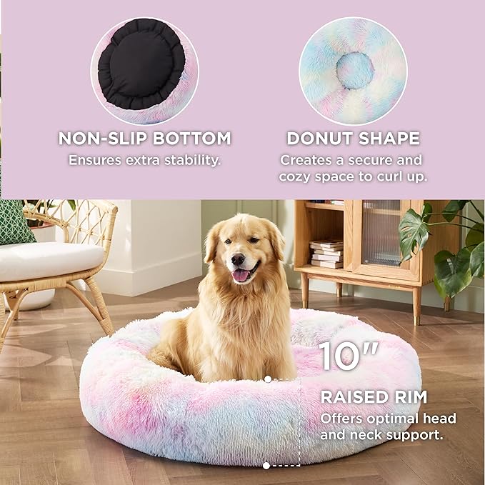 Bedsure Calming Dog Bed for Extra Large Dogs - Donut Washable Large Pet Bed, Anti-Slip Round Fluffy Plush Faux Fur Dog Bed, Fits up to 125 lbs Pets, Multi-colored, 45 inches