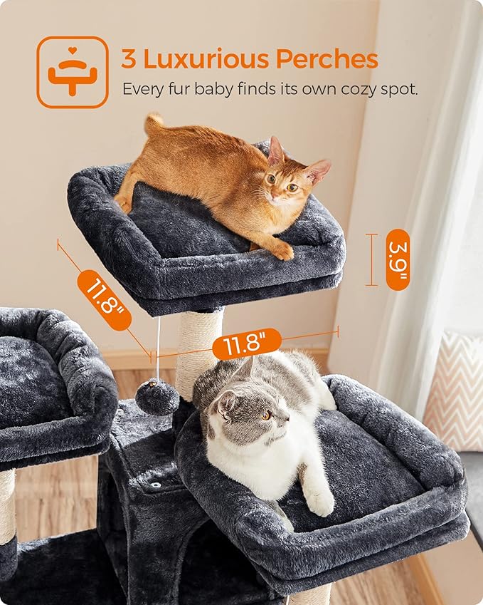 FEANDREA Cat Tree, Large Cat Tower, Cat Condo with Scratching Posts, Board, 2 Caves, 3 Plush Perches, Activity Center, 66.5 Inches, Smoky Gray UPCT019G01