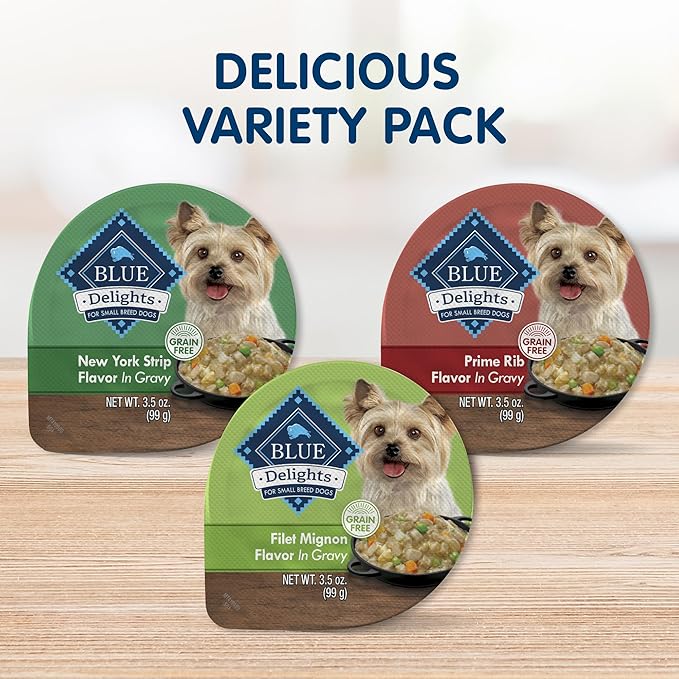 Blue Buffalo Delights Natural Adult Small Breed Wet Dog Food Cups, Pate Style, Prime Rib, NY Strip, and Filet Mignon 3.5-oz (24 Pack- 8 of Each Flavor)