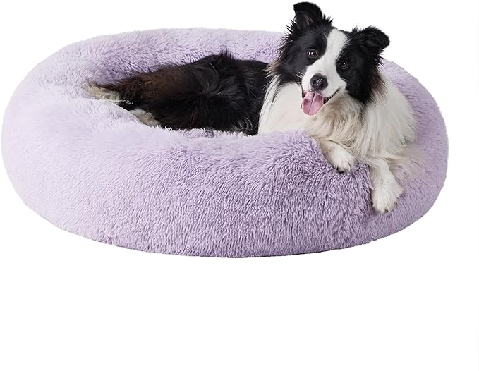 Bedsure Calming Dog Bed for Large Dogs - Donut Washable Large Pet Bed, 36 inches Anti-Slip Round Fluffy Plush Faux Fur Dog Bed, Fits up to 100 lbs Pets, Purple