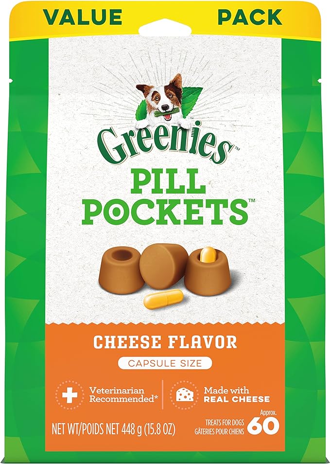 GREENIES PILL POCKETS for Dogs Capsule Size Natural Soft Dog Treats, Cheese Flavor, 15.8 oz. Pack (60 Treats)