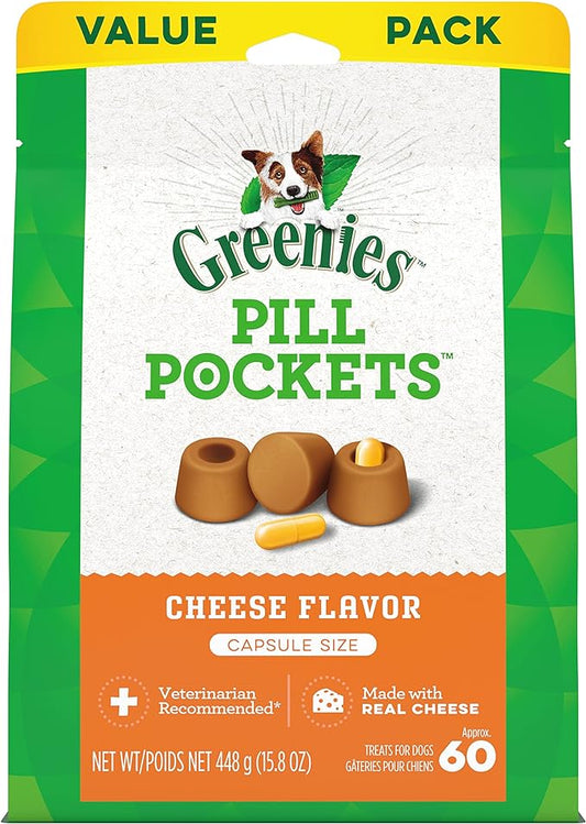 GREENIES PILL POCKETS for Dogs Capsule Size Natural Soft Dog Treats, Cheese Flavor, 15.8 oz. Pack (60 Treats)