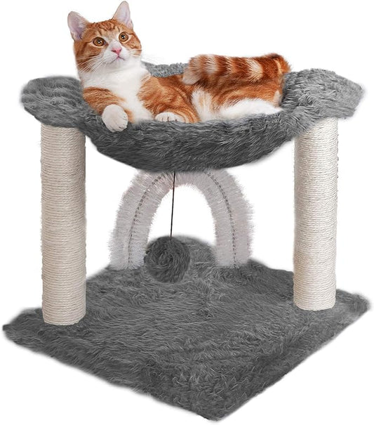 Furhaven 15.75" Tall Playground for Indoor Cats, Ft. Sisal Scratching Posts, Self-Grooming Brush, & Toy - Tiger Tough Hammock Interactive Playground - Silver, One Size