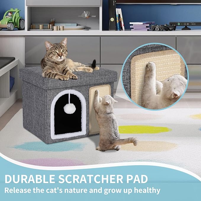 Cat Bed for Indoor Cats, Enclosed Cat Cave with Cozy Hideaway, Fluffy Hanging Ball, Cat Scratching Pad, Foldable Cat Ottoman House Hold Up to 135LBS, Cat Cube Condo for Kitten, 15" x 12.6" x 12.5"