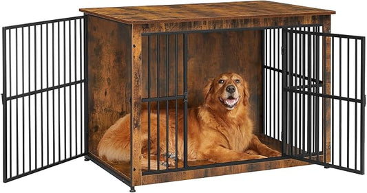 Feandrea Dog Crate Furniture, Side End Table, Modern Kennel for Dogs Indoor up to 80 lb, Heavy-Duty Dog Cage with Enclosed Base, Double-Door Dog House, Rustic Brown UPFC024X01