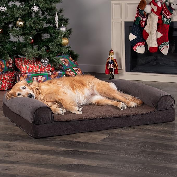 Furhaven Orthopedic Dog Bed for Large Dogs w/ Removable Bolsters & Washable Cover, For Dogs Up to 125 lbs - Sherpa & Chenille Sofa - Coffee, Jumbo Plus/XXL