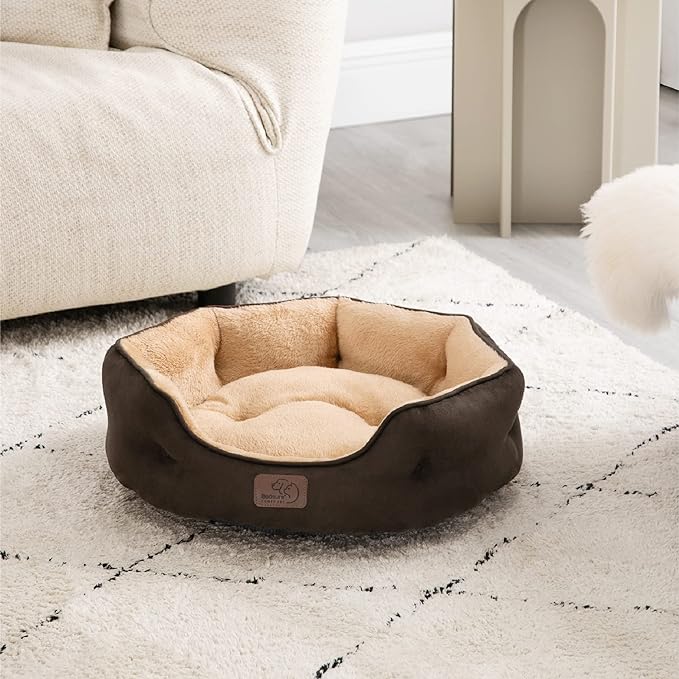 Bedsure Dog Beds for Small Dogs - Round Cat Beds for Indoor Cats, Washable Pet Bed for Puppy and Kitten with Slip-Resistant Bottom, 25 Inches, Brown