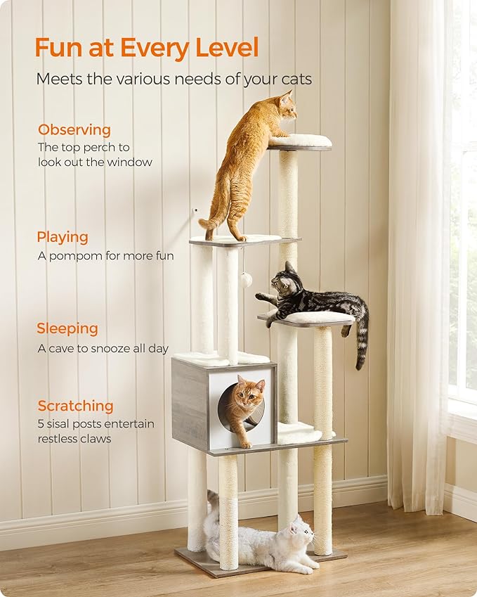 Feandrea WoodyWonders Cat Tree, 65-Inch Modern Cat Tower for Indoor Cats, Multi-Level Cat Condo with 5 Scratching Posts, Perch, Washable Removable Cushions, Cat Furniture, Greige UPCT166G01