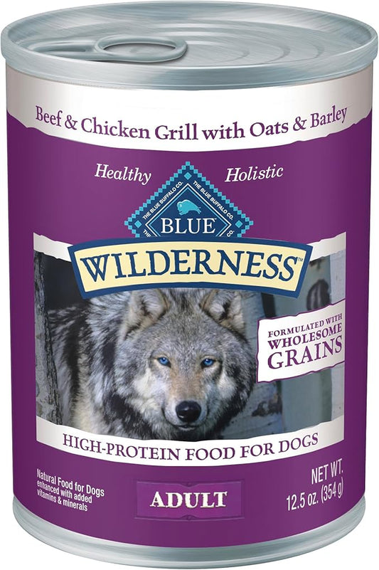 Blue Buffalo Wilderness Adult Wet Dog Food with Wholesome Grains, Made with Natural Ingredients, Beef & Chicken Grill, 12.5-oz. Can (12 Count)